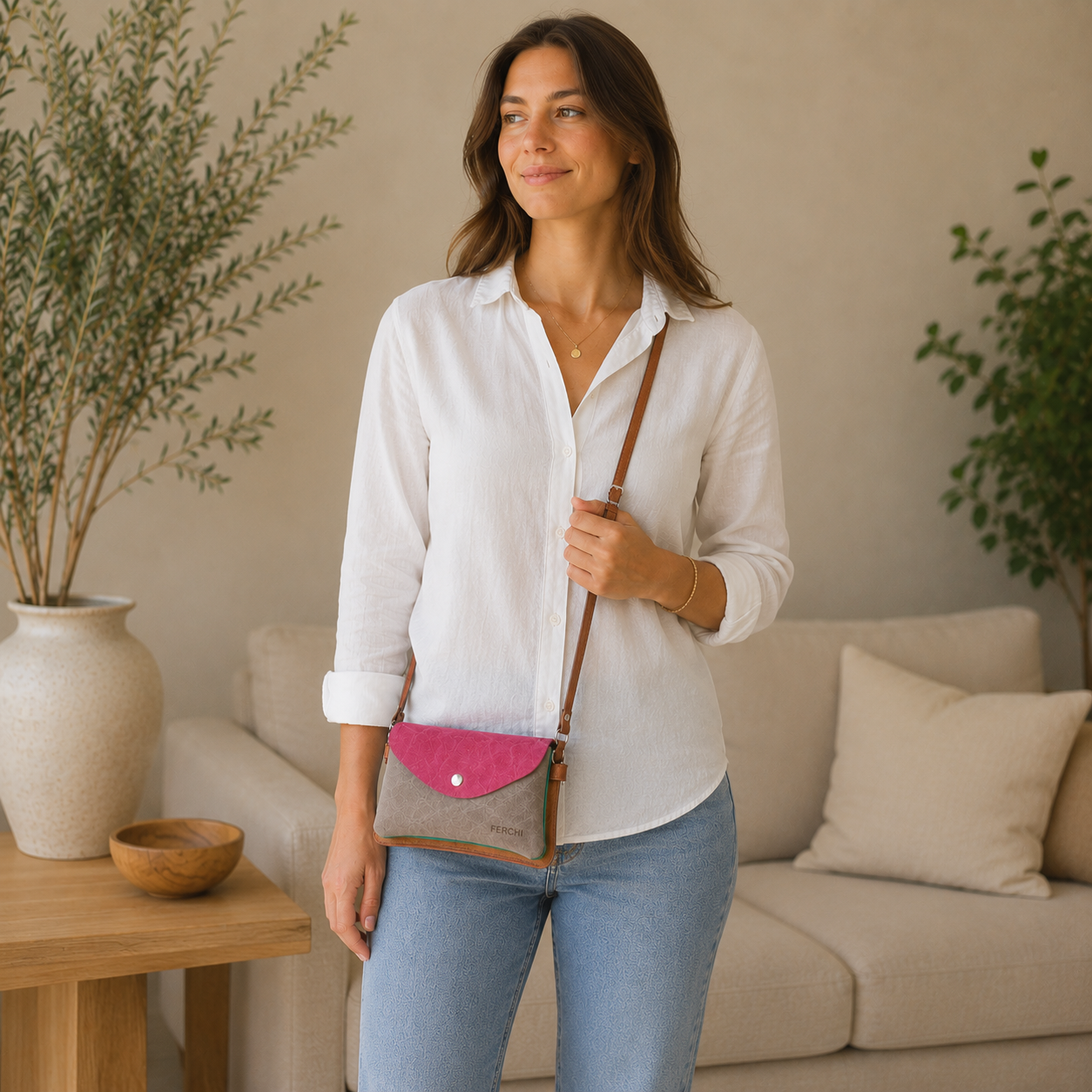 Sac bandoulière en cuir bicolore