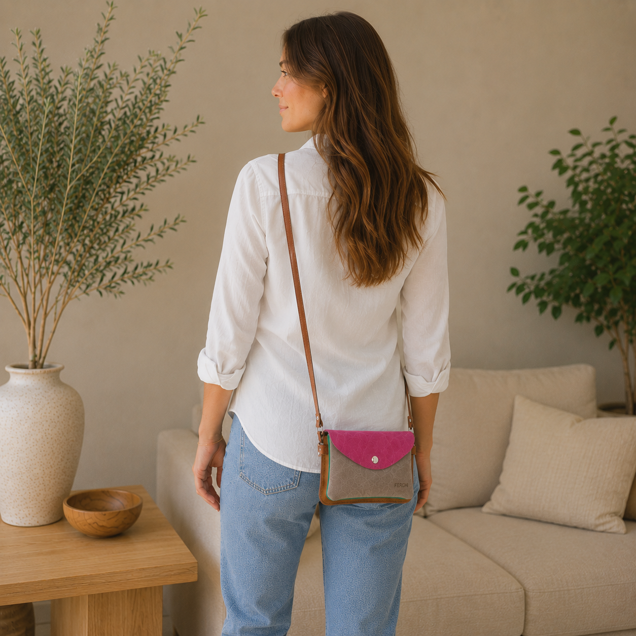 Sac bandoulière en cuir bicolore
