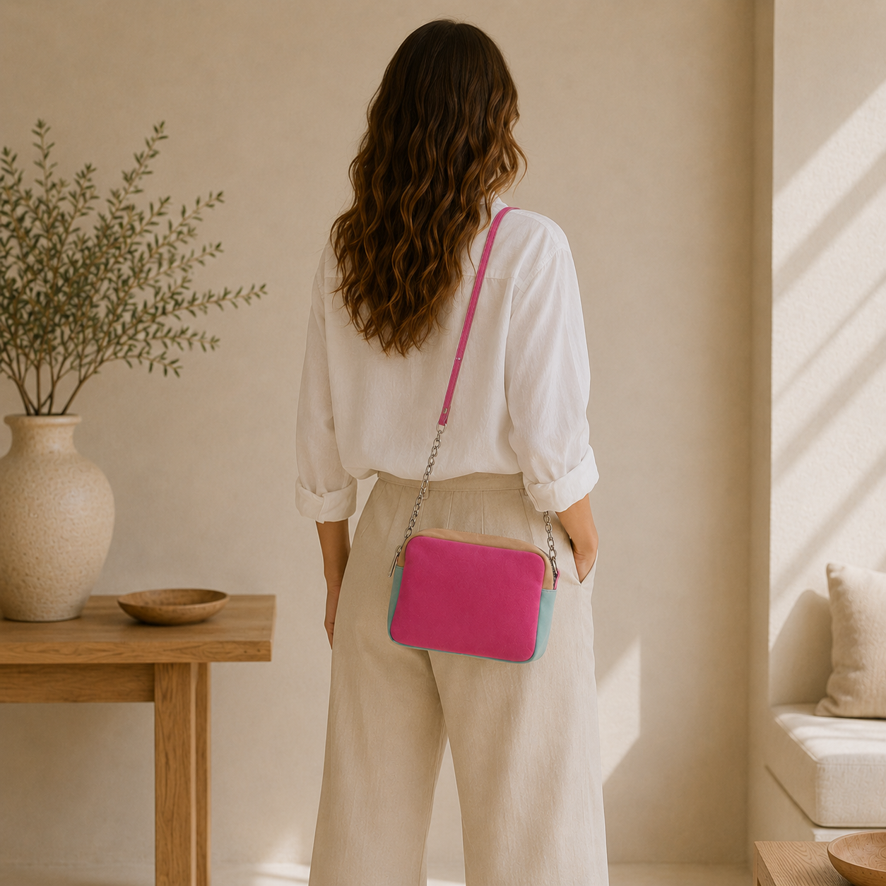 Sacoche en cuir rose fuchsia