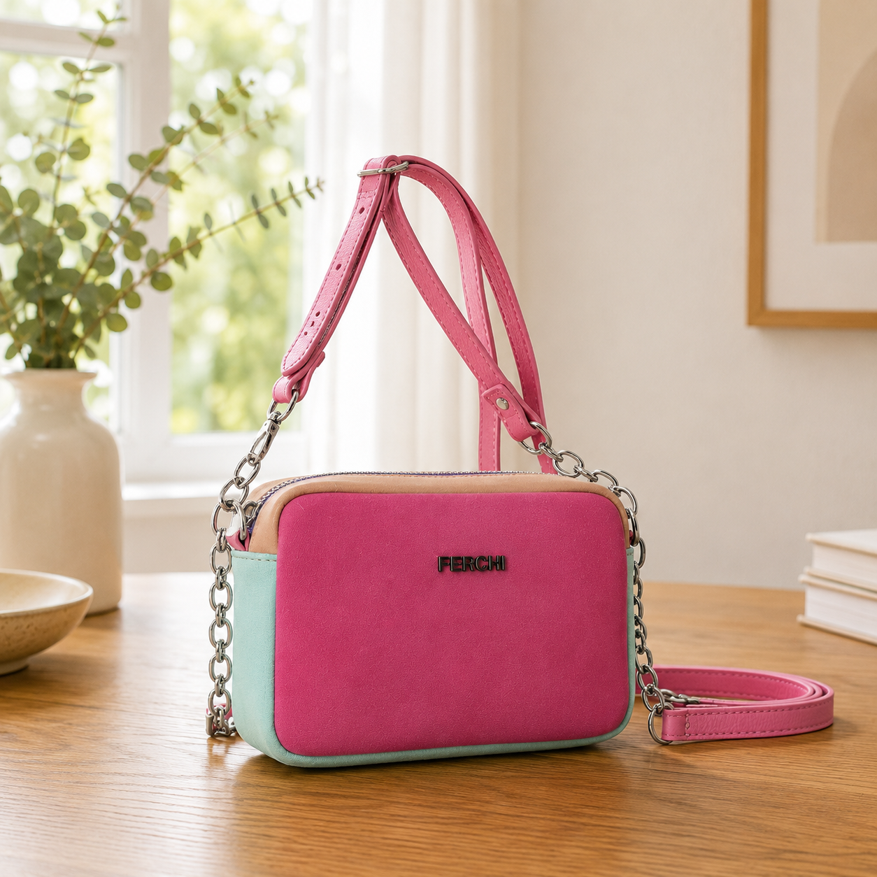 Petit sac en cuir rose fuchsia