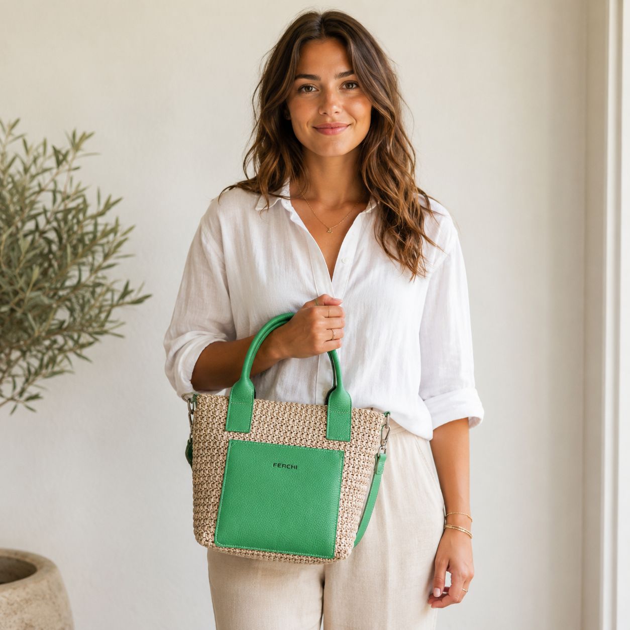 Sac à main bi matière vert