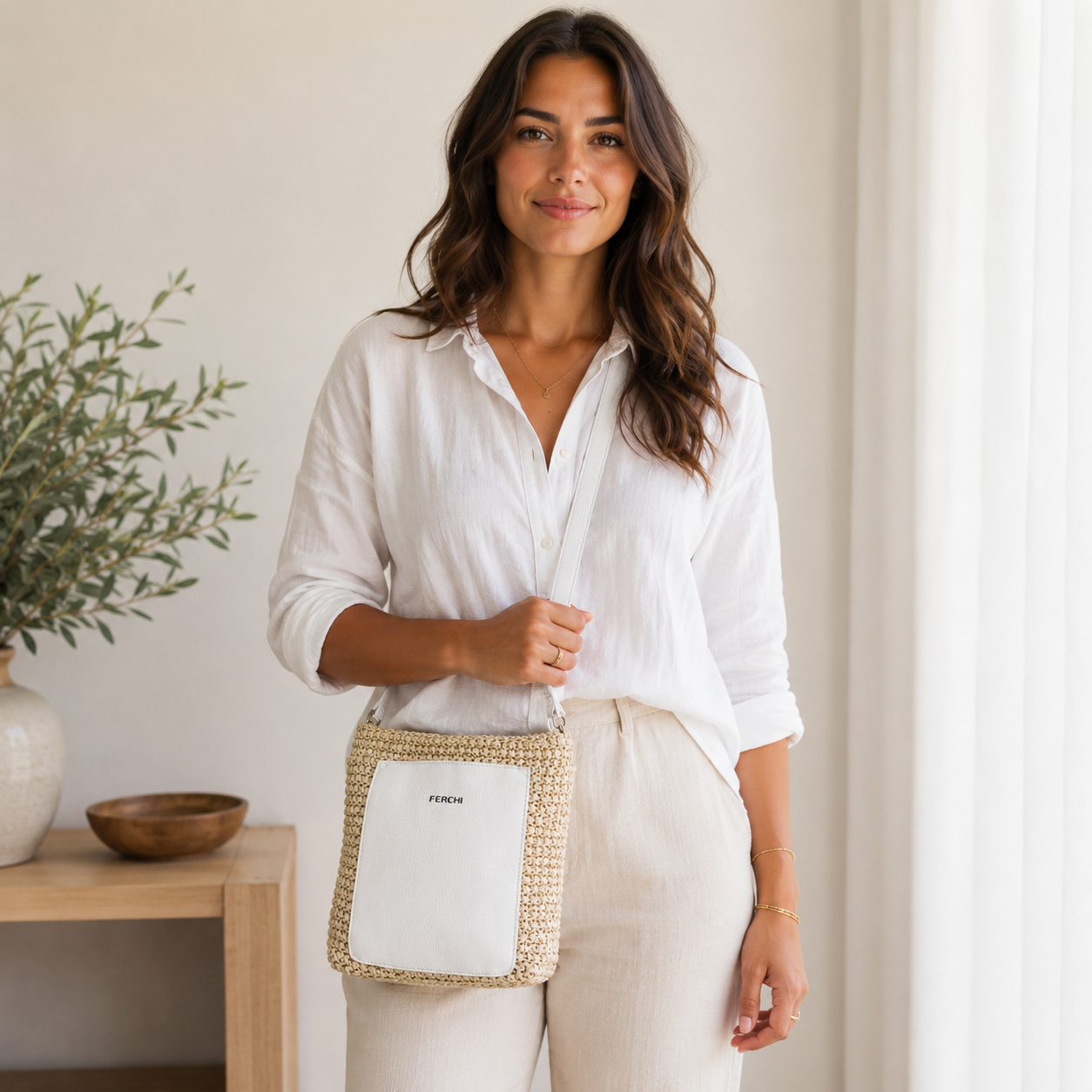 Sac à main bi matière blanc