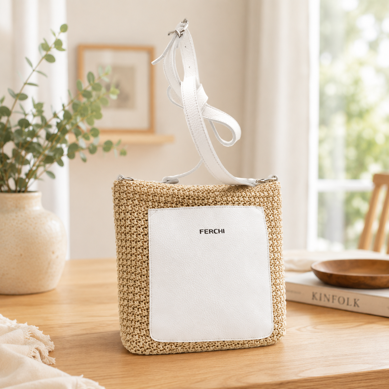 Sac à main bi matière blanc
