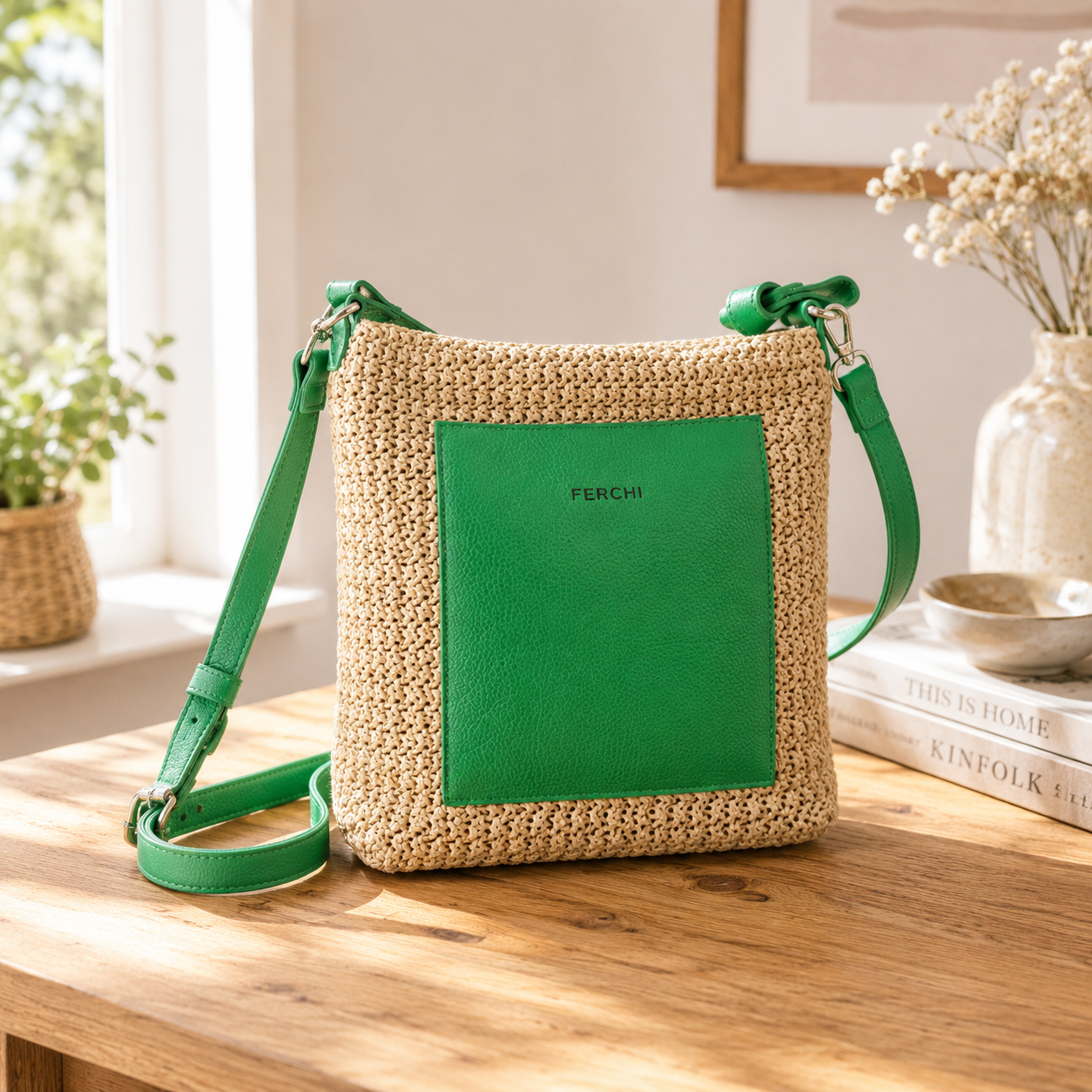 Sac à main bi matière vert