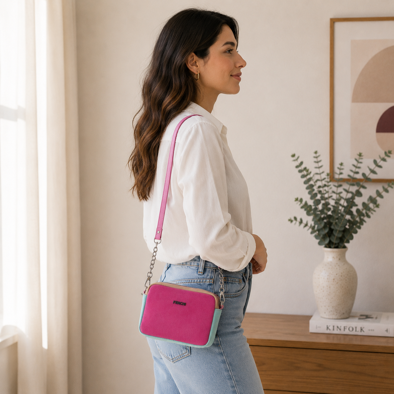 Petit sac en cuir rose fuchsia
