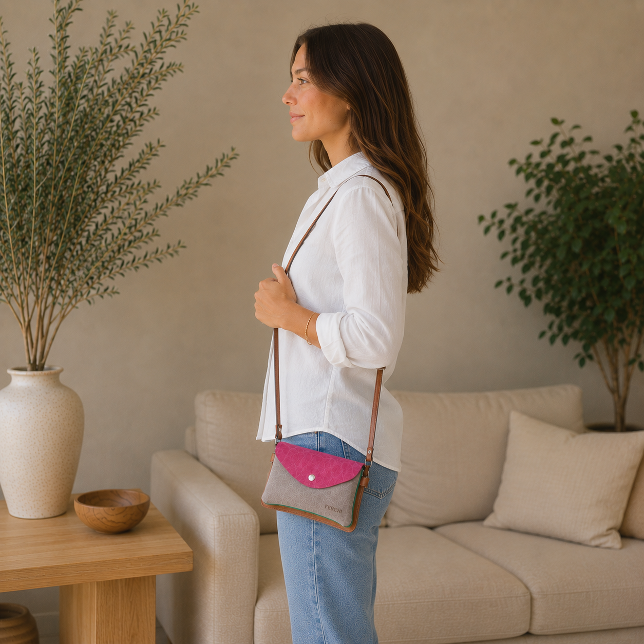 Sac bandoulière en cuir bicolore