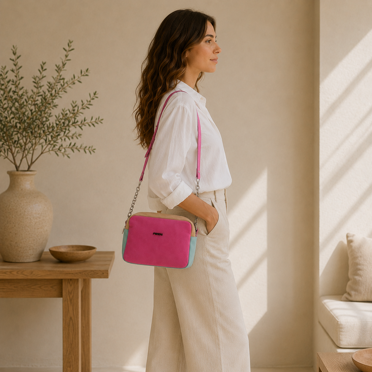 Sacoche en cuir rose fuchsia