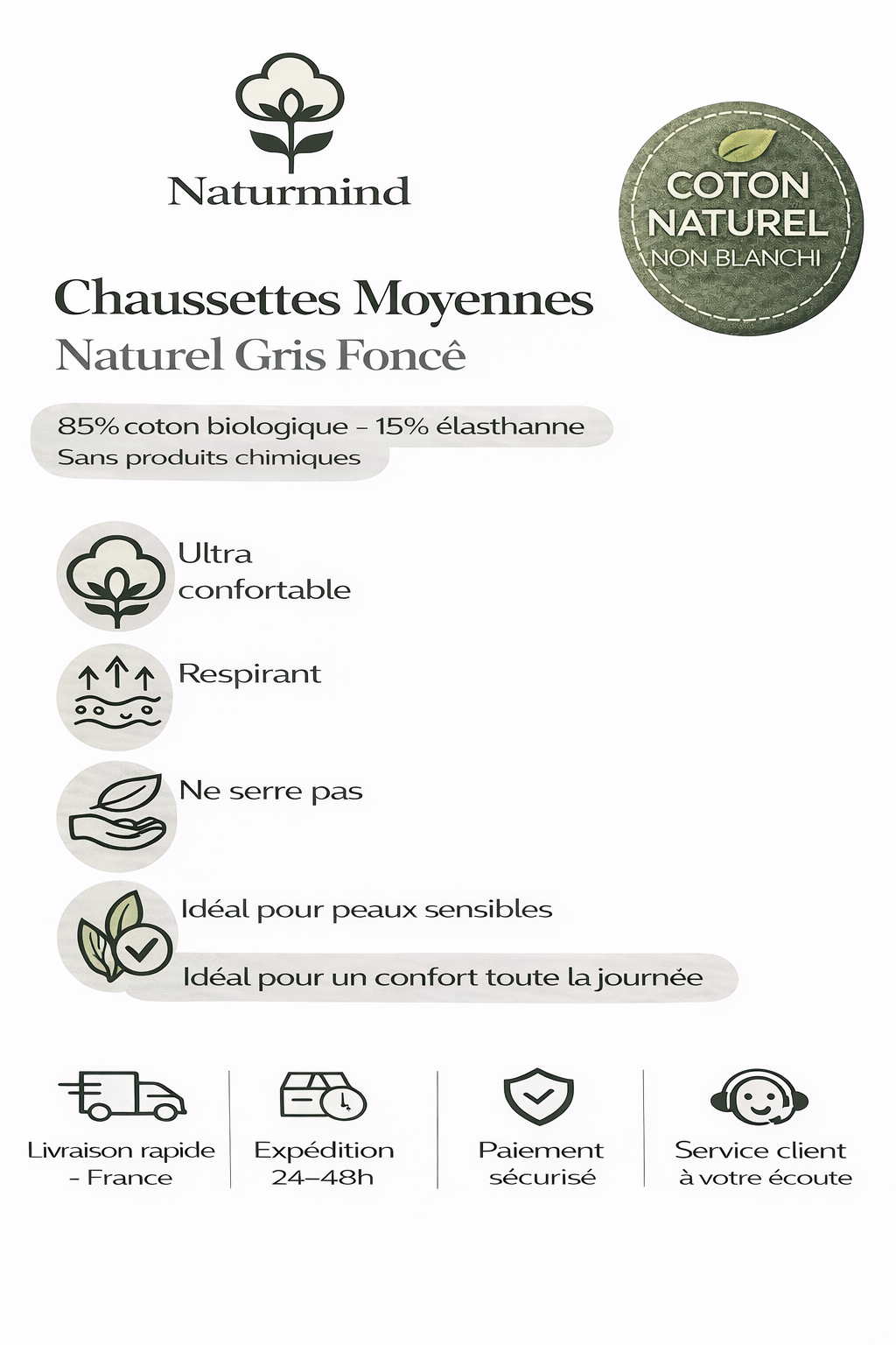 Lot de 3 paires de  Chaussettes moyennes Gris Foncé