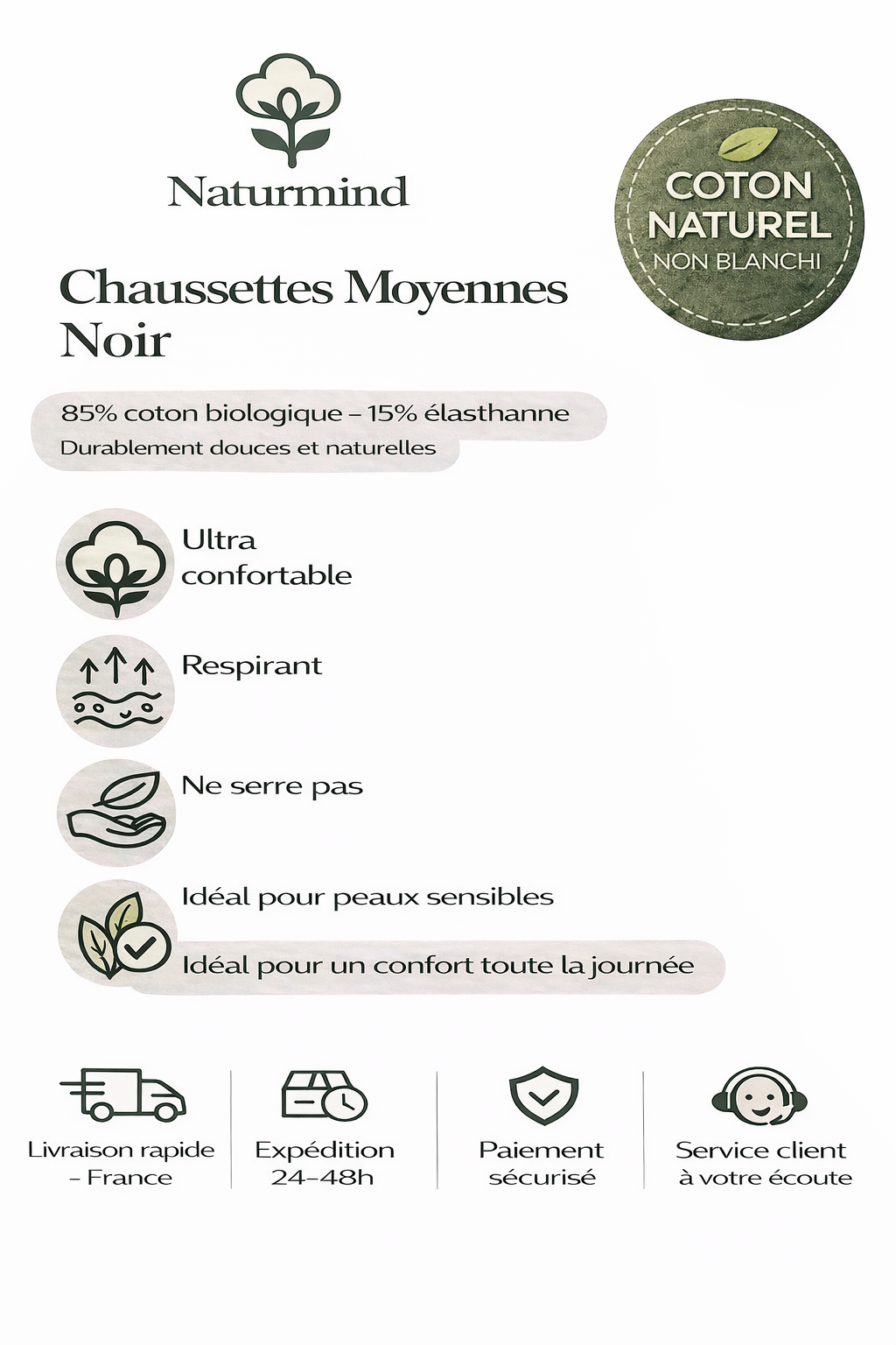 Lot de 3 paires de chaussettes moyennes Noir