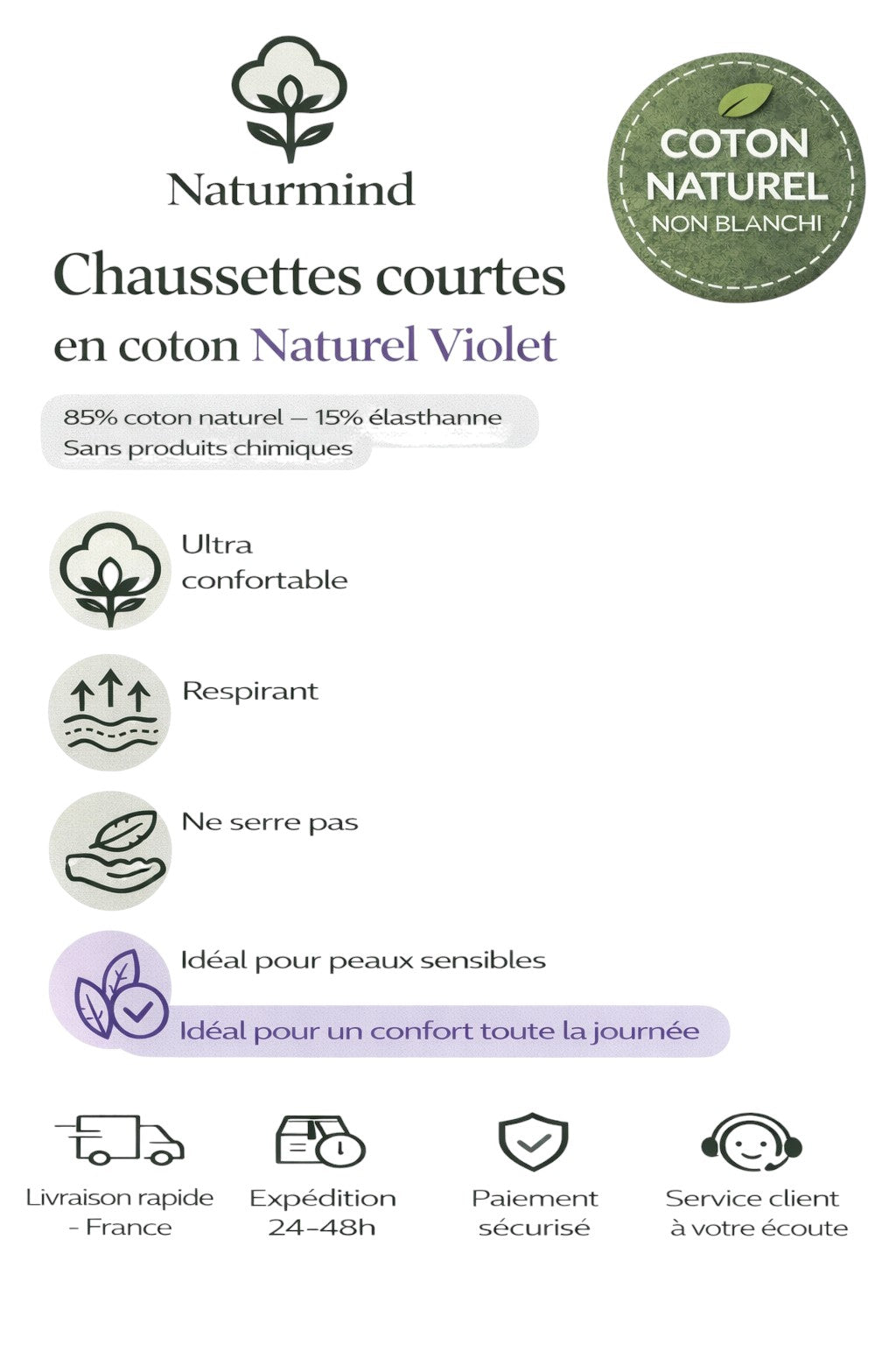 Lot de 3 paires de  chaussettes courtes couleur Violet