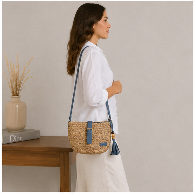 Sac bandoulière tressé bleu
