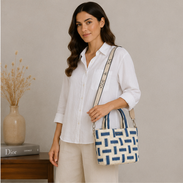 Sac bandoulière bleu et naturel