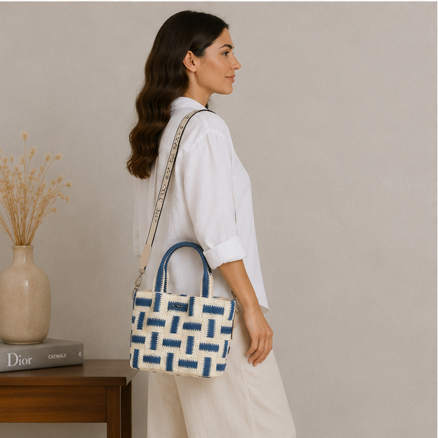 Sac bandoulière bleu et naturel