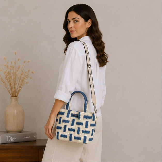 Sac bandoulière bleu et naturel