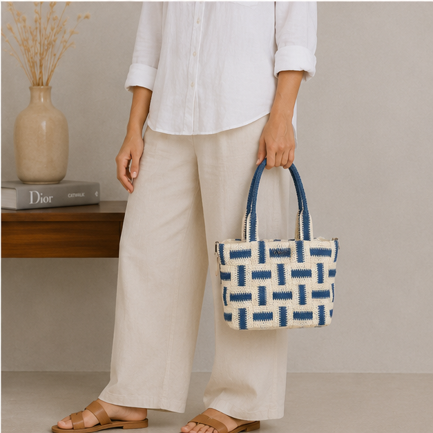 Sac bandoulière bleu et naturel