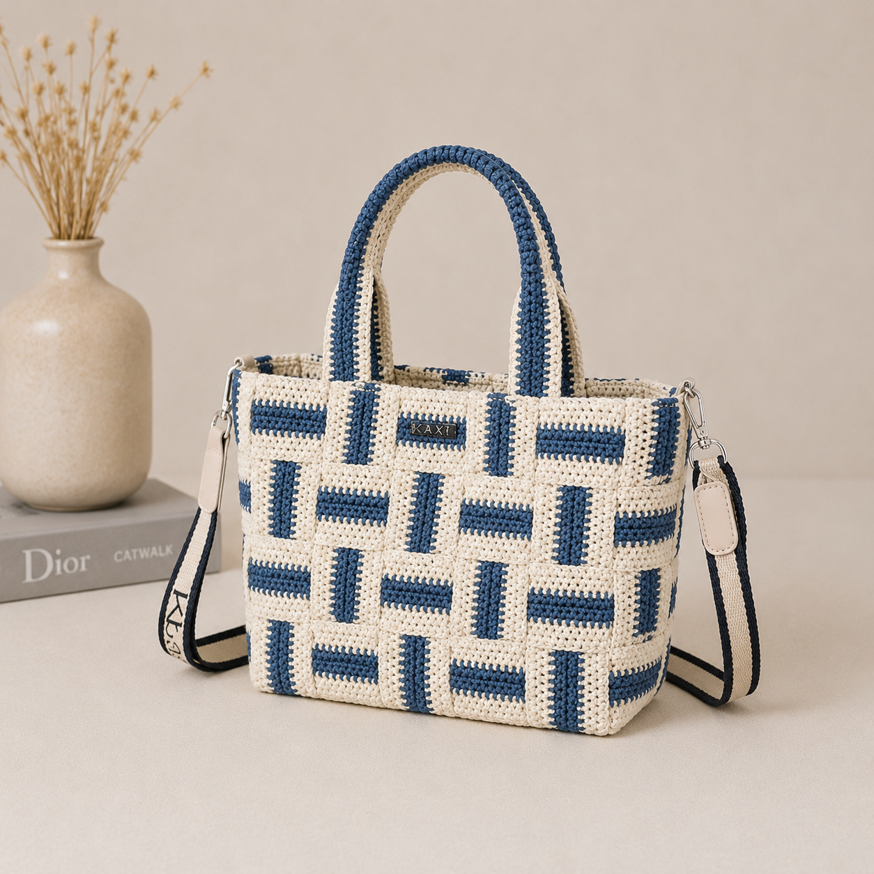 Sac bandoulière bleu et naturel