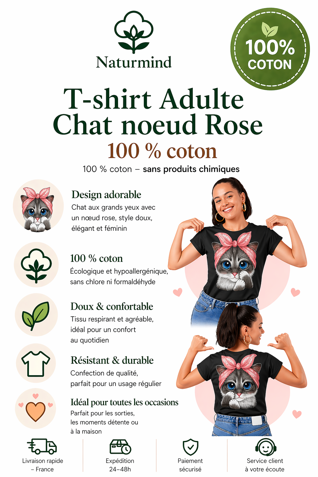 T-shirt Adulte Chat nœud Rose