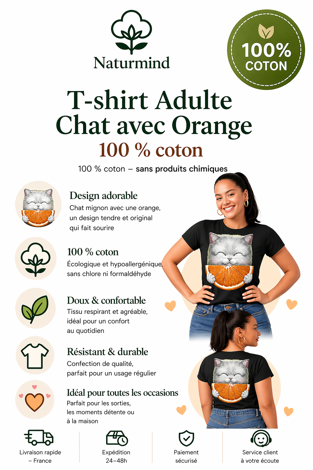 T-shirt Adulte Chat avec Orange