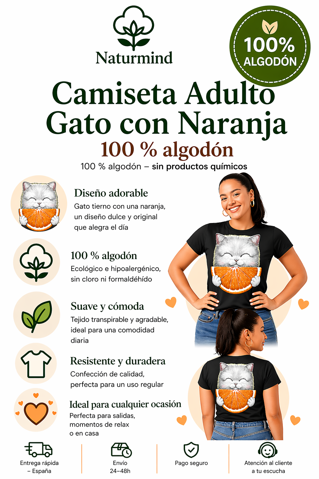 T-shirt Adulte Chat avec Orange