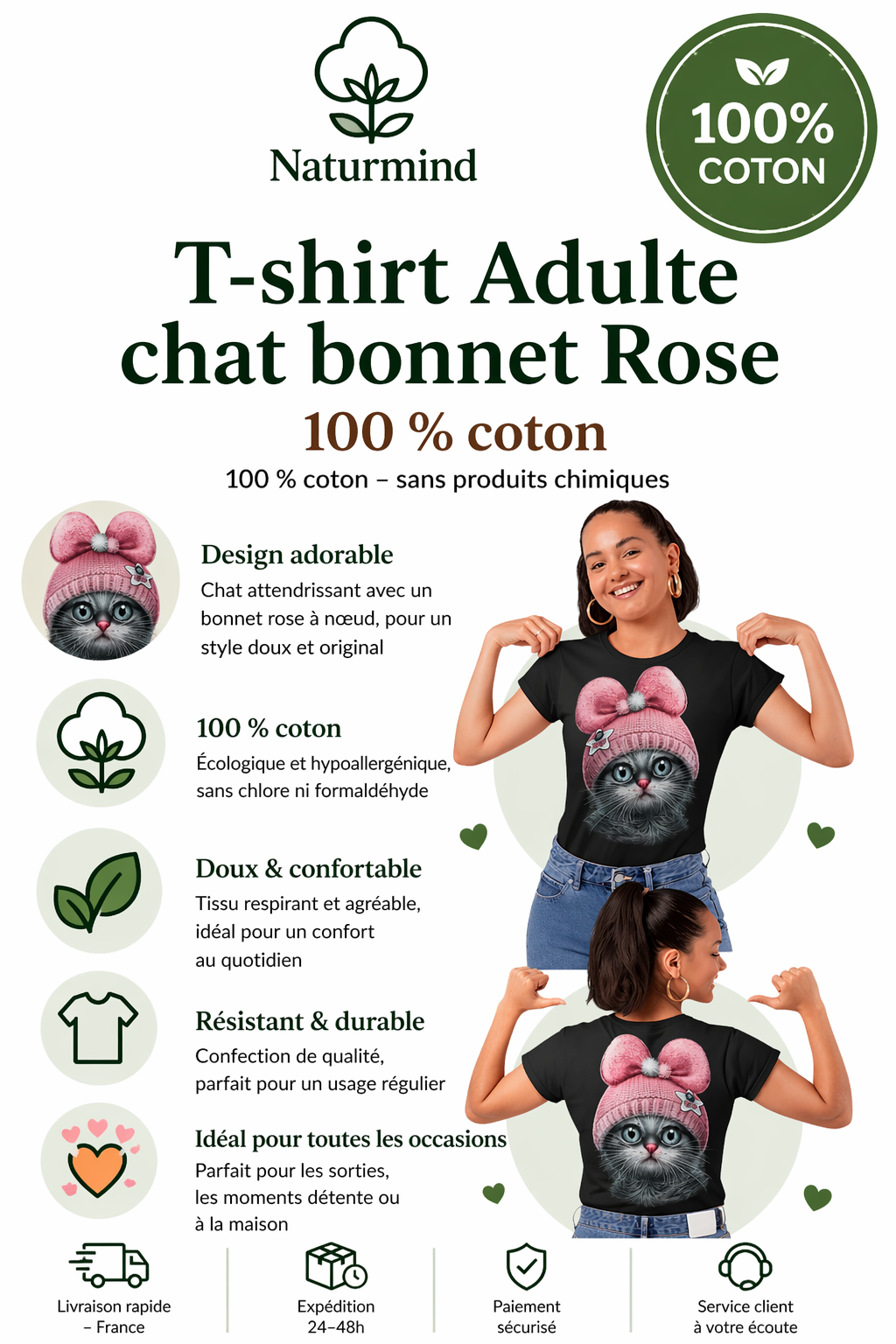 T-shirt Adulte Chat Bonnet Rose