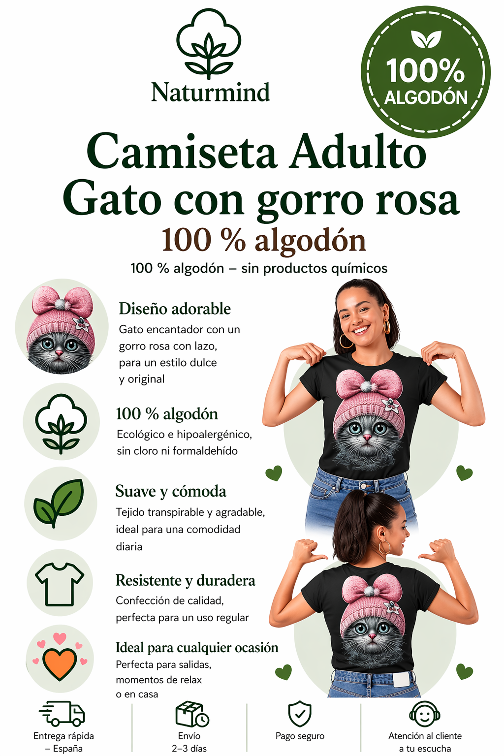 T-shirt Adulte Chat Bonnet Rose