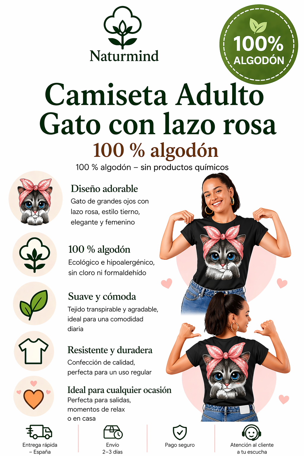 T-shirt Adulte Chat nœud Rose
