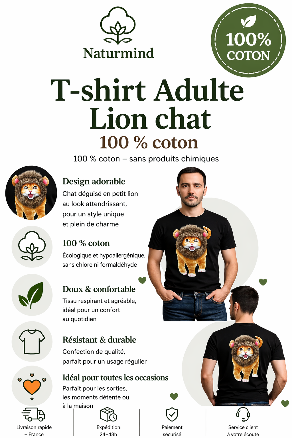 T-shirt Adulte Lion chat
