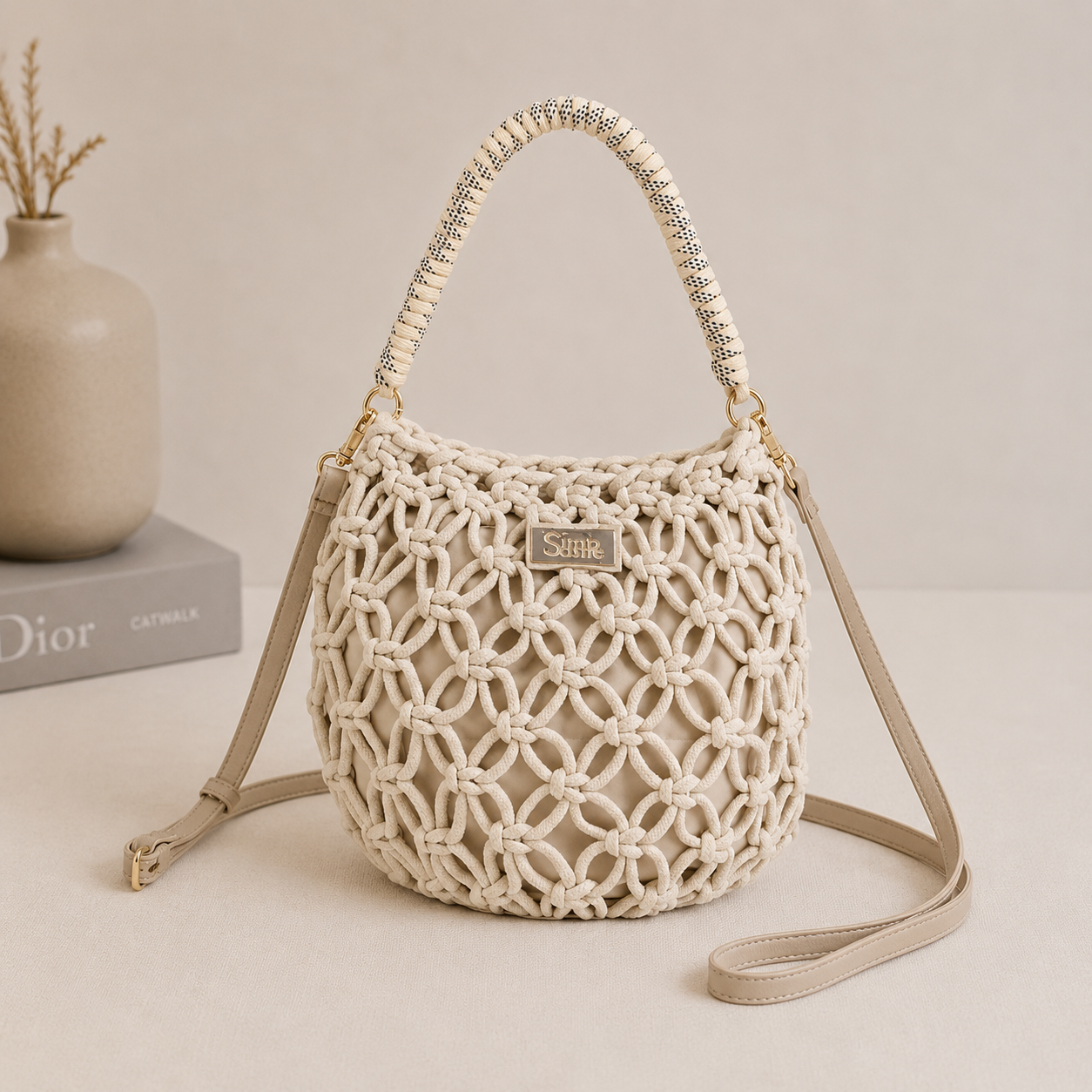 Sac à main allongé cordes Beige