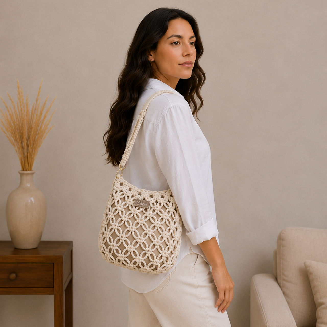 Sac à main allongé cordes Beige