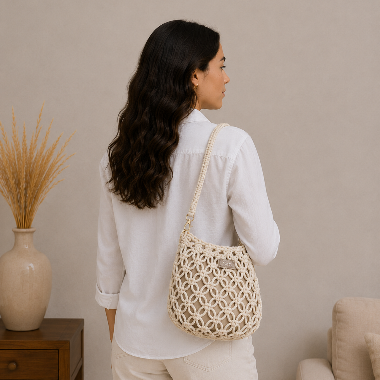 Sac à main allongé cordes Beige