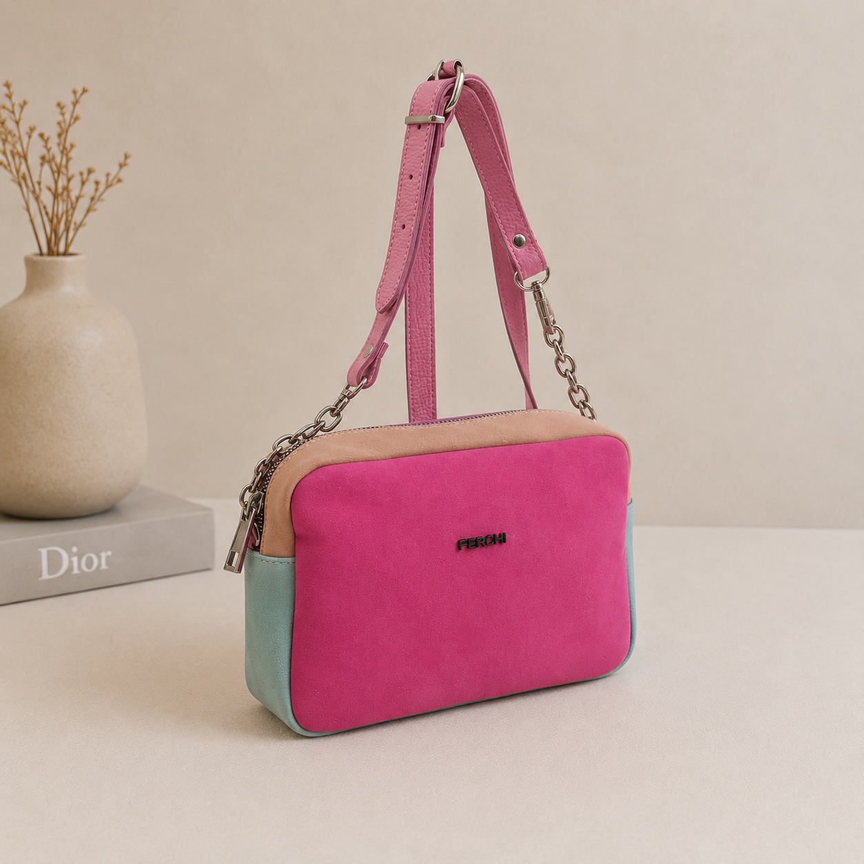Sacoche en cuir rose fuchsia