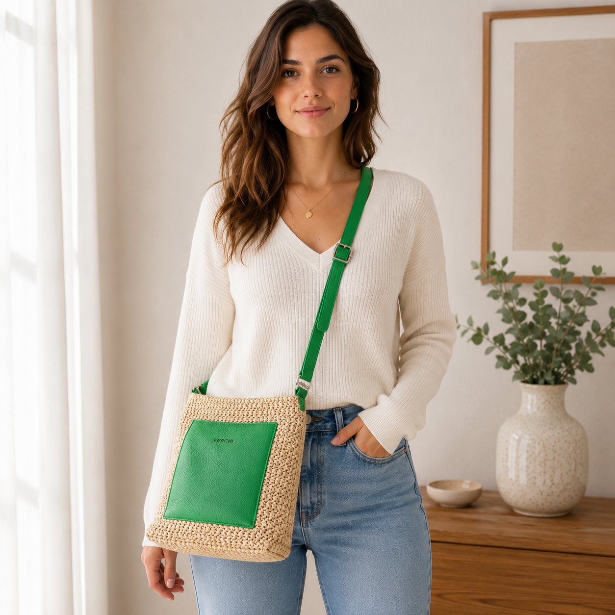 Sac à main bi matière vert