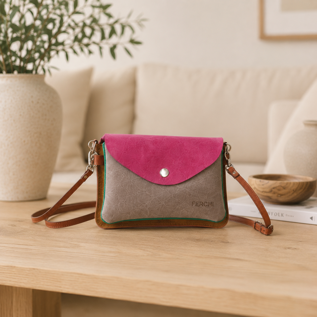 Sac bandoulière en cuir bicolore