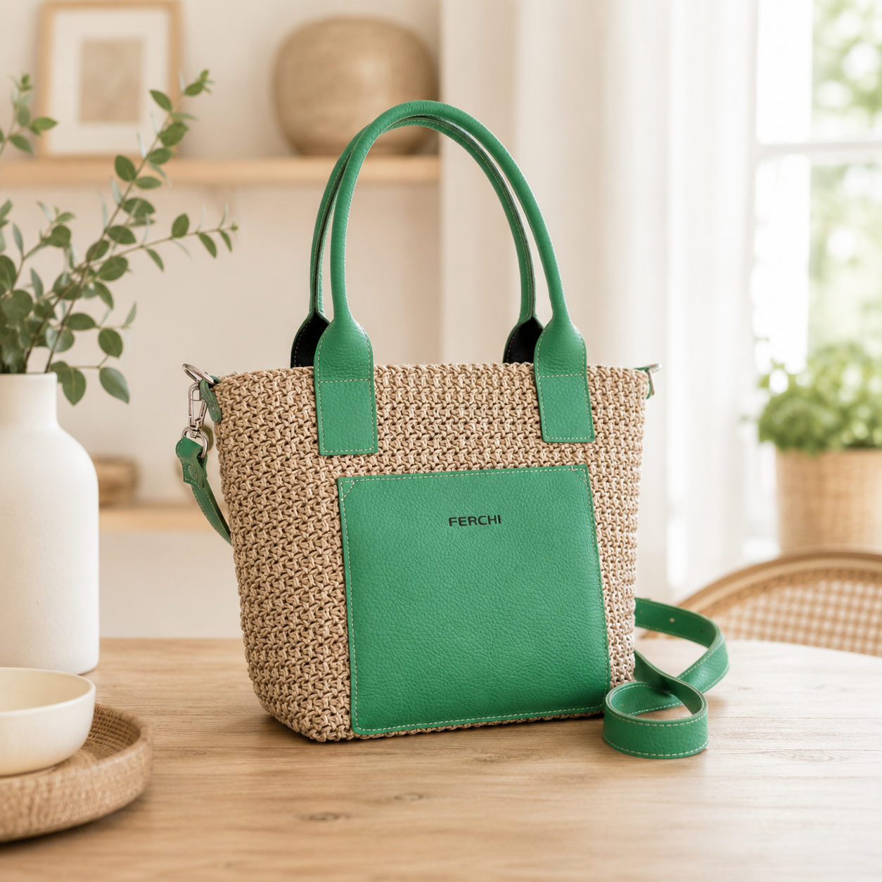 Sac à main bi matière vert